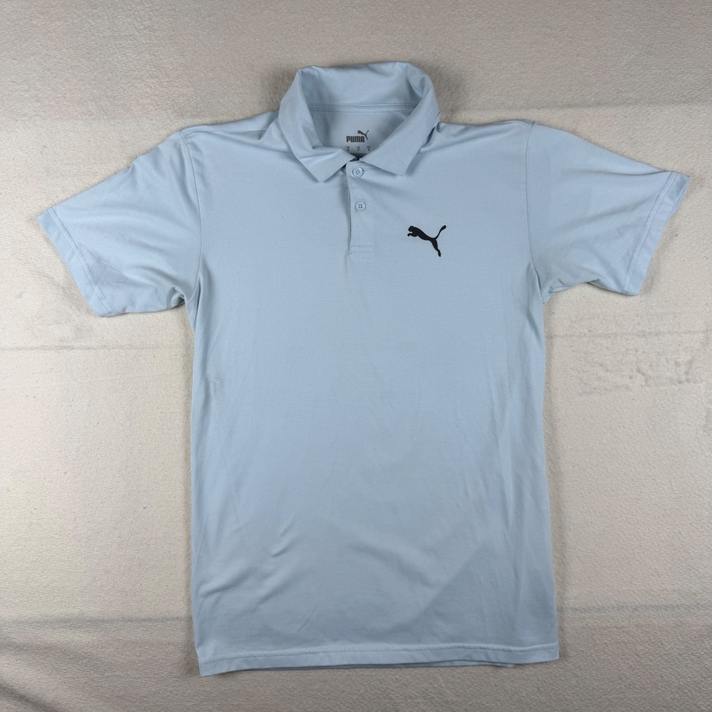 Puma Mens Light Blue Short Sleeve Golf Polo Shirt Size Small Cat Logo